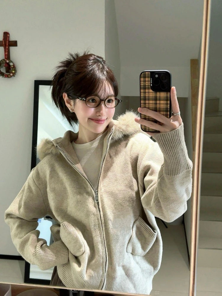 Women Fur Patchwork Hooded Grunge Cardigan Streetwear Vintage Dual Zippers Solid Jackets Y2k Aesthetic Casual Loose Sweaters
