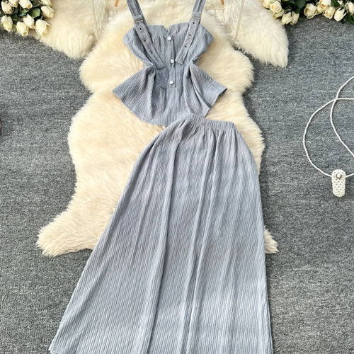 Load image into Gallery viewer, Summer Two Pieces Set Women Solid Sexy Club Elegant Button Backless Short Slip Tops And High Waist Pleated Long Skirt Suit Korea
