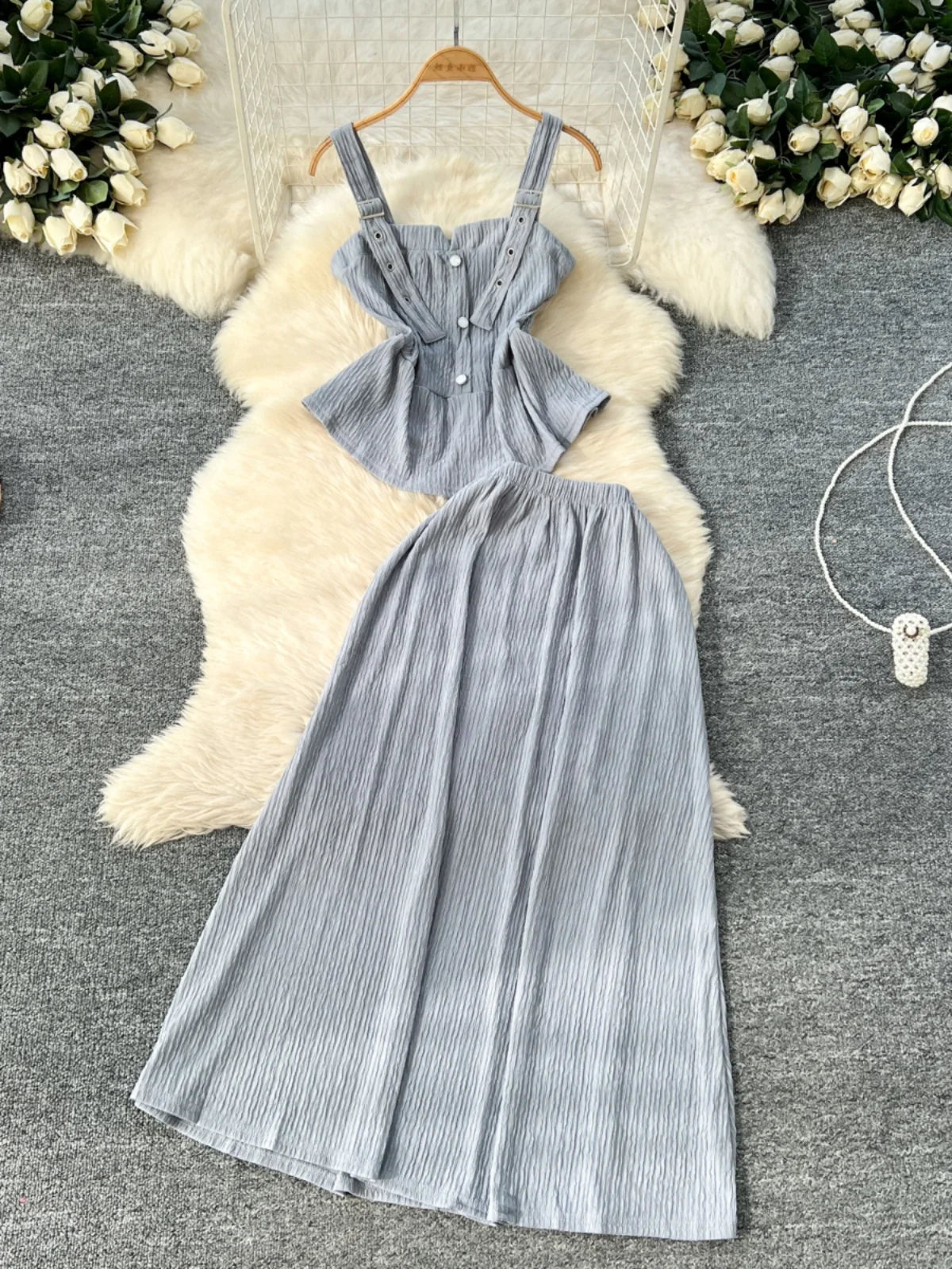 Summer Two Pieces Set Women Solid Sexy Club Elegant Button Backless Short Slip Tops And High Waist Pleated Long Skirt Suit Korea