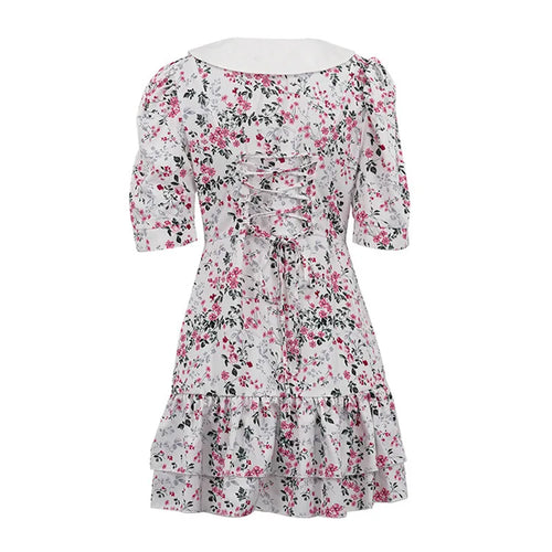 Load image into Gallery viewer, Short Sleeve Floral Mini Dress For Women Robe Turn-down Collar Elegant French Dress Ladies Fashion High Waist Dresses

