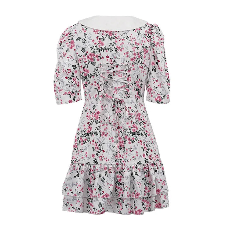 Short Sleeve Floral Mini Dress For Women Robe Turn-down Collar Elegant French Dress Ladies Fashion High Waist Dresses