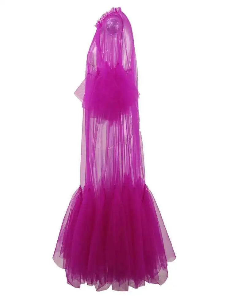 Women Purple Ruffles Mesh Perspective Big Size Long Dress New Round Neck Half Sleeve Fashion Spring Summer 2025 JR7711