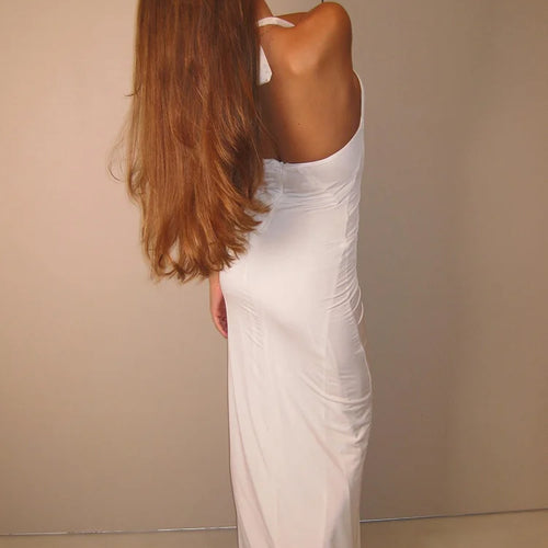 Load image into Gallery viewer, White Floral Ruched Sexy Maxi Dress For Women Gown Halter Deep V Neck Sleeveless Ruffled Bodycon Club Long Dress
