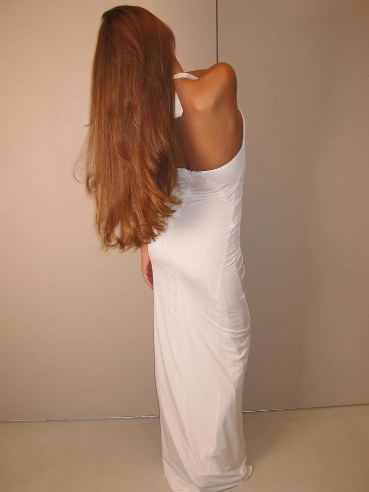 White Floral Ruched Sexy Maxi Dress For Women Gown Halter Deep V Neck Sleeveless Ruffled Bodycon Club Long Dress