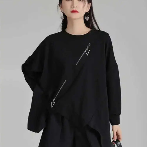 Load image into Gallery viewer, Black Irregular Hem Zipper Sweatshirt New Round Neck Long Sleeve Women Big Size Fashion Tide Spring Autumn 2025 1DH4308
