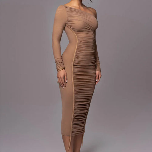 Load image into Gallery viewer, Diagonal Collar Long Sleeve Midi Dress For Women Two Layer Mesh Backless Ruched Bodycon Club Party Sexy Long Dress
