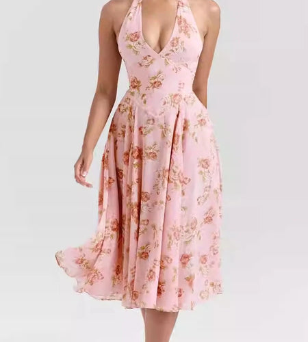 Hit Color Printing Slimming Dresses For Women V Neck Sleeveless High Waist Temperament Dress Female Fashion Style