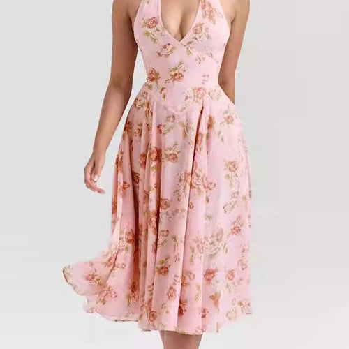 Load image into Gallery viewer, Hit Color Printing Slimming Dresses For Women V Neck Sleeveless High Waist Temperament Dress Female Fashion Style
