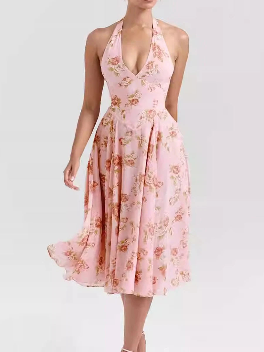 Hit Color Printing Slimming Dresses For Women V Neck Sleeveless High Waist Temperament Dress Female Fashion Style