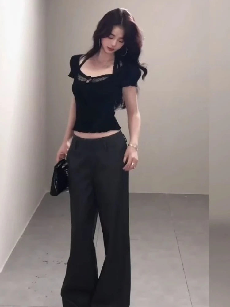 2025 Summer Lace Patchwork Halter Tees  Women Y2k Aesthetic Sexy Hollow Out T-shirt Harajuku Grunge Cropped Bodycon Fairy Tops