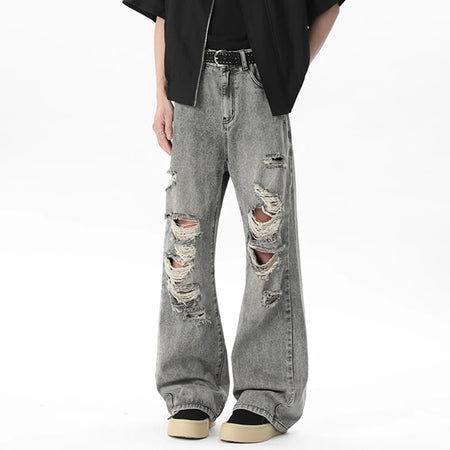 Worn-out Men's Jeans New Fashion Summer Hole Design American High Street Loose Distressed Personalized Denim Pants 9W1673