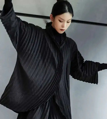 Wide Leg Pants Pleated Two Piece Suit New Turtleneck Long Sleeve Black Loose Fit Women Fashion Spring Autumn 2025 1DE3064