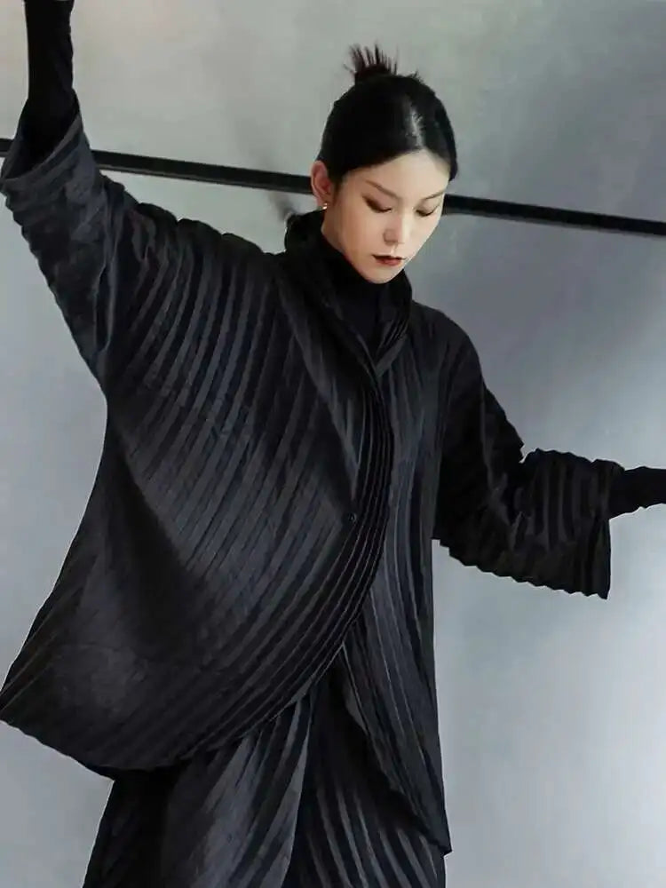Wide Leg Pants Pleated Two Piece Suit New Turtleneck Long Sleeve Black Loose Fit Women Fashion Spring Autumn 2025 1DE3064