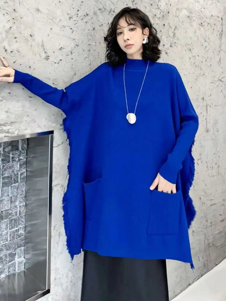 Blue Big Size Slit Burr Knitting Sweater Turtleneck Long Sleeve Women Pullovers New Fashion Spring Autumn 2025 1DH8060