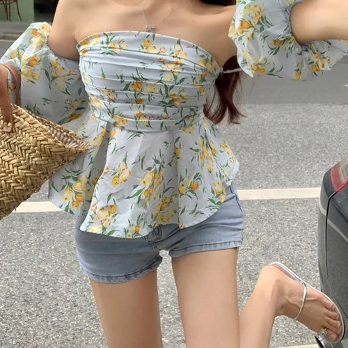 Load image into Gallery viewer, French Style Puff Sleeve Strapless Female Camis High Street Printed Slash Neck Sleeveless Fashion Chic Sexy Women Camis
