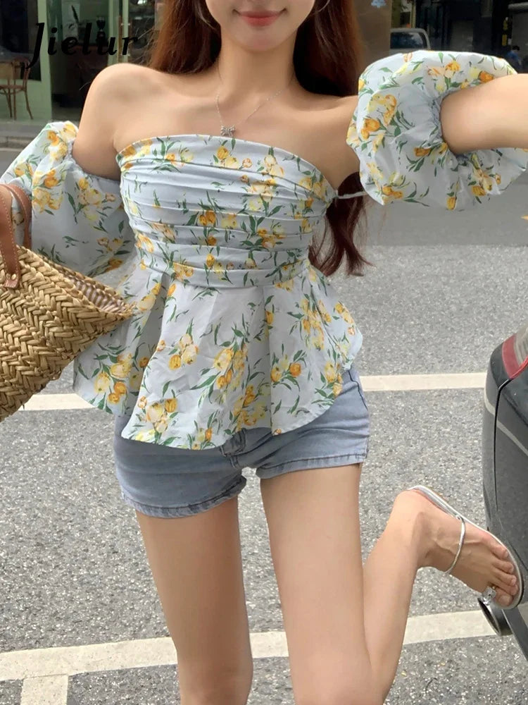 French Style Puff Sleeve Strapless Female Camis High Street Printed Slash Neck Sleeveless Fashion Chic Sexy Women Camis