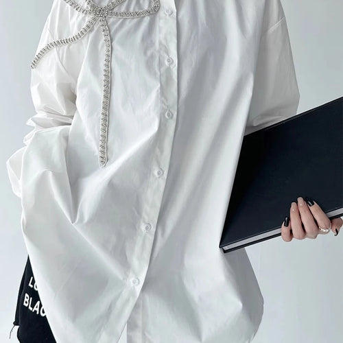 Load image into Gallery viewer, Solid Spliced Diamonds Loose Blouses For Women Lapel Long Sleeve Loose Casual Temperament Shirt Female Fashion New
