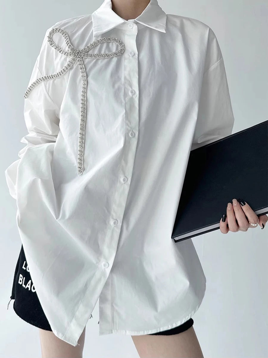 Solid Spliced Diamonds Loose Blouses For Women Lapel Long Sleeve Loose Casual Temperament Shirt Female Fashion New