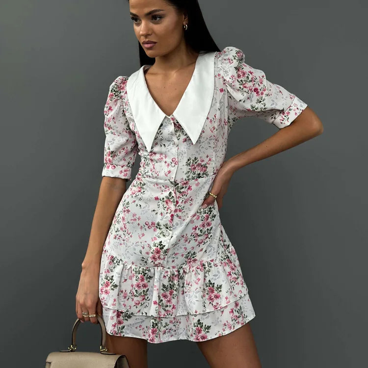 Short Sleeve Floral Mini Dress For Women Robe Turn-down Collar Elegant French Dress Ladies Fashion High Waist Dresses