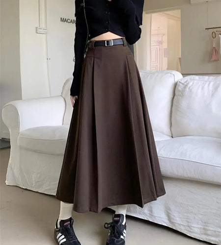 French Vintage Women Black Grey Woolen Elegant A-line Long Skirt 2024 New Autumn Winter Brown Versatile Pleated Skirt Streetwear