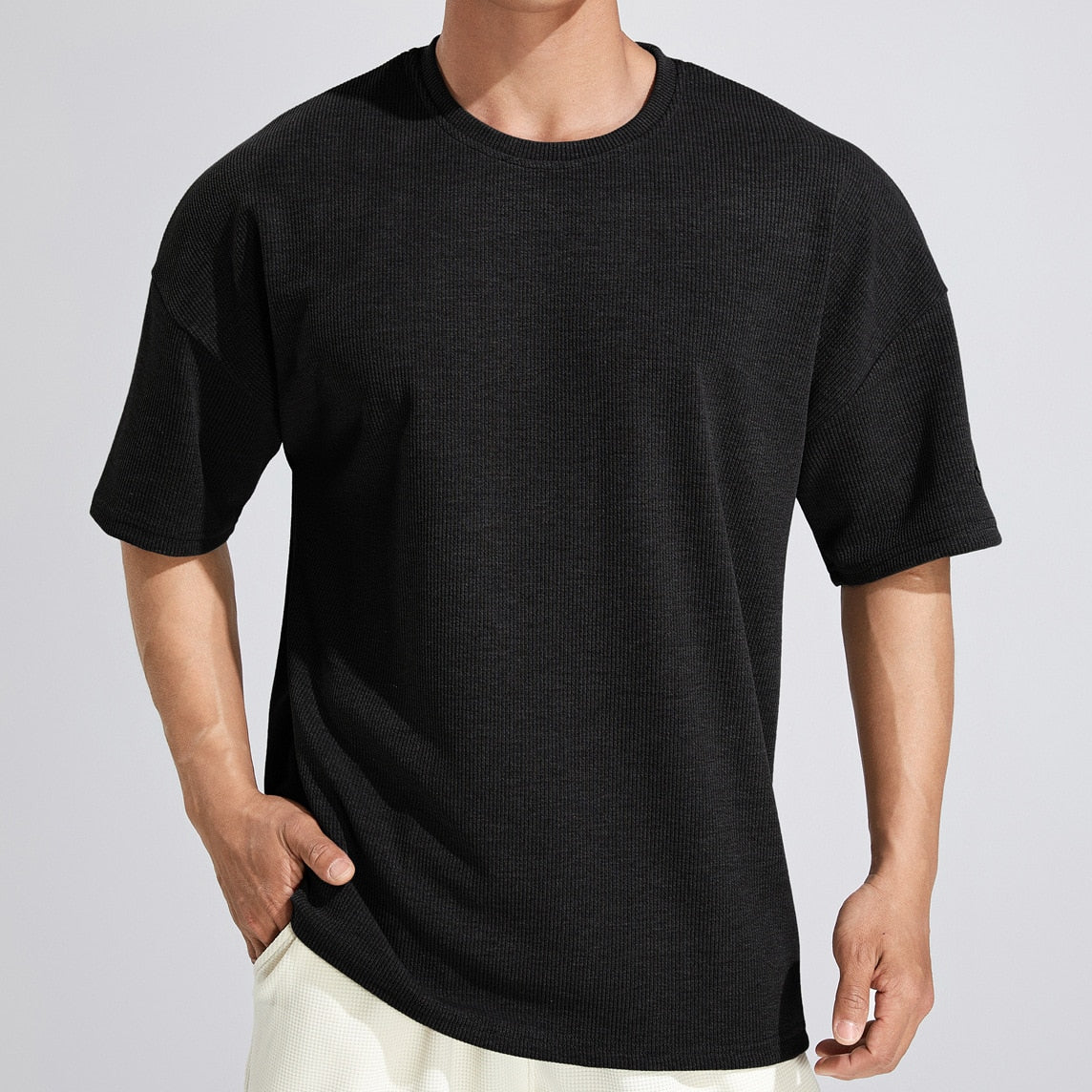 Summer Casual Loose T-shirt Men Short Sleeve Shirt Male Fashion Hip Hop Tee Tops Streetwear Solid Stripes Corduroy Clothing