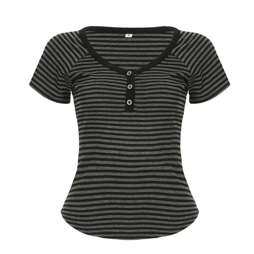 Load image into Gallery viewer, Korean Fashion Striped V-Neck With Buttons Slimming T-shirts Women&#39;s Summer Short Sleeve Top Tees Y2K Aesthetics New
