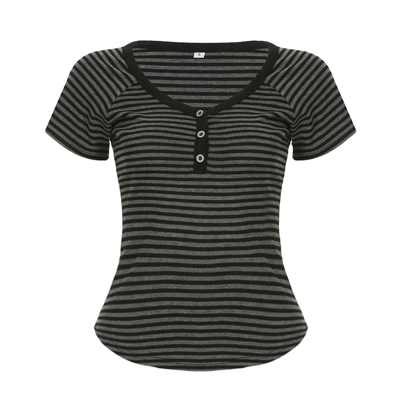 Korean Fashion Striped V-Neck With Buttons Slimming T-shirts Women's Summer Short Sleeve Top Tees Y2K Aesthetics New