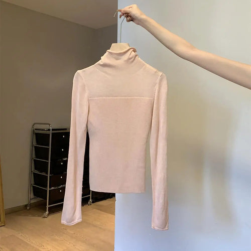 Load image into Gallery viewer, Retro Korean Version Women Solid Patchwork Elegant Knitted High Neck Sweater Autumn Winter Slim Pullovers Tops Simplicity Trendy
