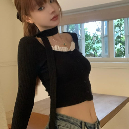 Load image into Gallery viewer, Lace Patchwork Women Gentle Crop Cardigans Y2k Aesthetic Sweet Single Breasted Sweaters Streetwear Casual Slim Grunge Knitwear
