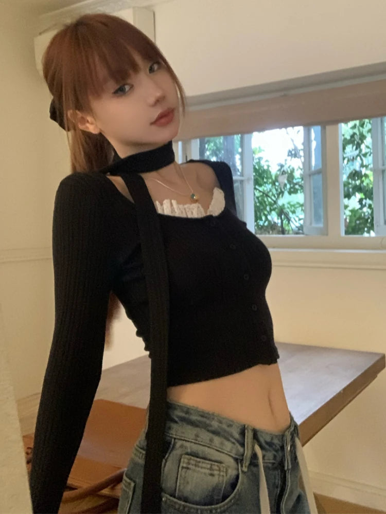 Lace Patchwork Women Gentle Crop Cardigans Y2k Aesthetic Sweet Single Breasted Sweaters Streetwear Casual Slim Grunge Knitwear