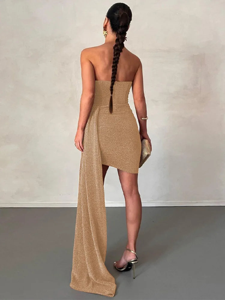 Elegant Strapless Lace-up Mini Dress For Women Robe 2023 New Off-shoulder Sleeveless Ruched Party Short Dress Vestido