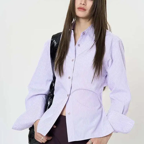 Load image into Gallery viewer, Women Purple Striped Backless Bandage Slim Blouse New Lapel Long Sleeve Shirt Fashion Tide Spring Autumn 2025 1DJ0065
