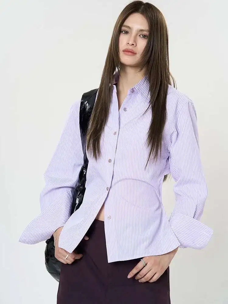 Women Purple Striped Backless Bandage Slim Blouse New Lapel Long Sleeve Shirt Fashion Tide Spring Autumn 2025 1DJ0065