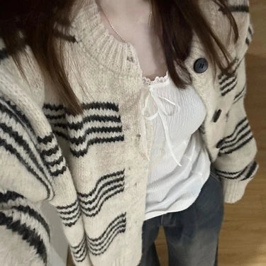 Load image into Gallery viewer, Patchwork Contrast Color Striped Knitted Cardigans Women Y2k Aesthetic Single Breasted Coats New Streetwear Casual Loose Sweater
