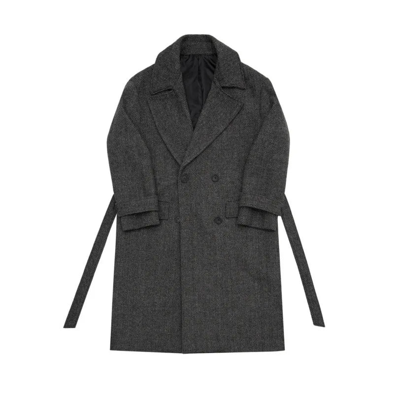 Winter Men's Woolen Overcoats Thick Double Breasted Belt Turn-down Collar Overknee Solid Color Casual Male Trench 9C8995