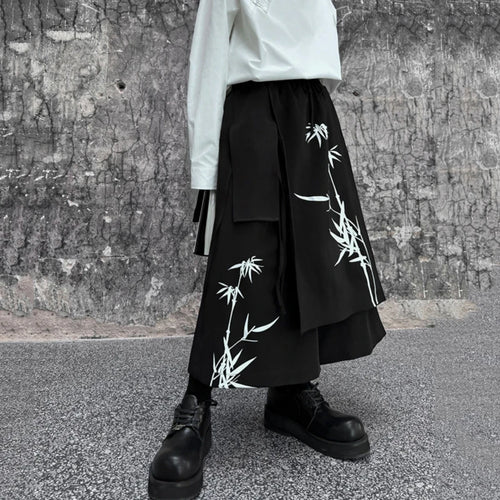 Load image into Gallery viewer, Chinese Style Men&#39;s Wide Leg Pants Bamboo Printing Personality Irregular Eighth Pants Strap Design Fahsion 9C5731
