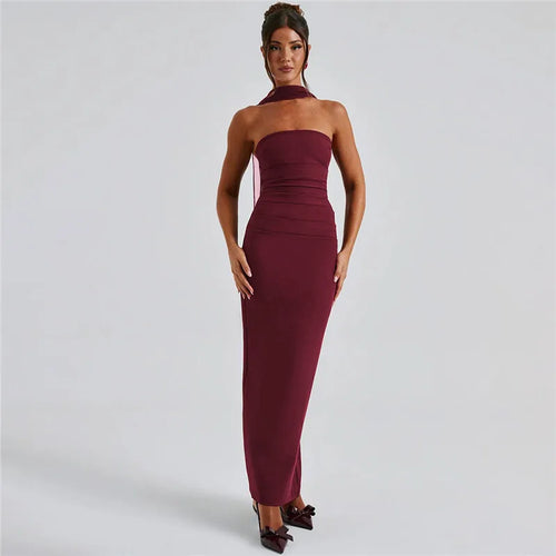 Load image into Gallery viewer, Strapless Backless Sexy Maxi Dress For Women Burgundy Mesh Sleeve Off-shoulder Bodycon Club Party Evening Long Dress
