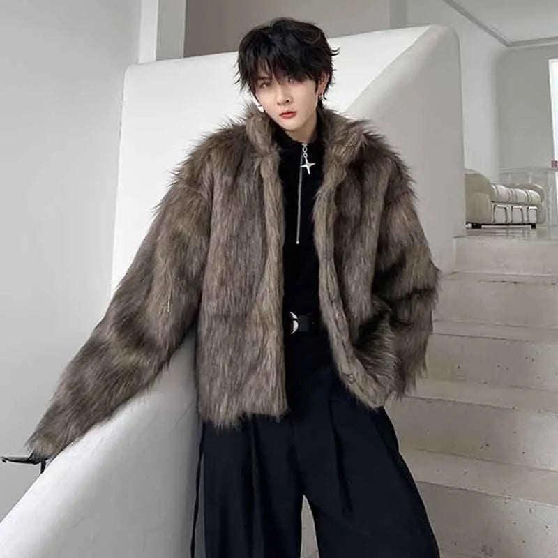 Winter Men's Dark Faux Fur Cotton Coat Fashion Korean Style Loose Woolen Cardigan Jackets Trend Male Autumn New 9C2877