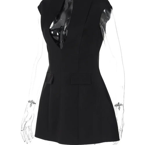 Load image into Gallery viewer, Black Sleeveless Sexy Mini Dress For Women Fashion Zipper Deep V Neck Two Pocket A-line Night Club Party Dress Elegant
