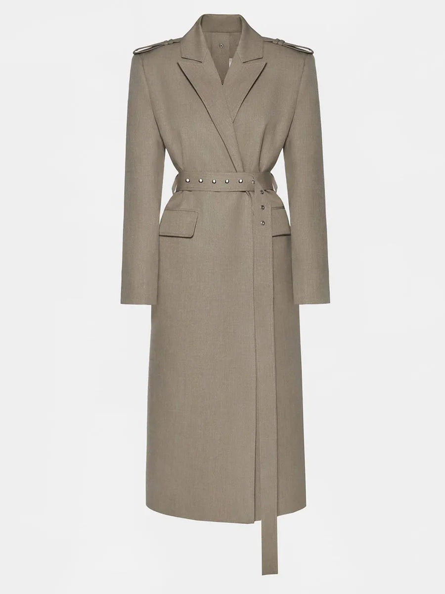 Solid Slimming Spliced Lace Up Temperament Jacket for Women Lapel Long Sleeves Patchwork Pockets Trench Female New