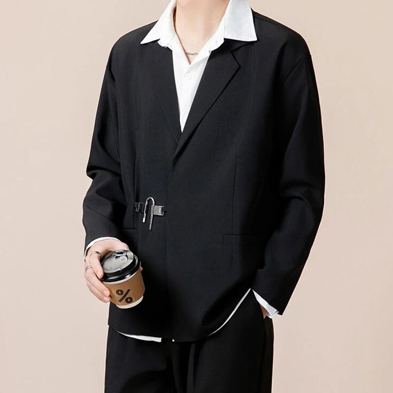 Simple Men's Blazers Metal Single Button Design Lapel Solid Color Korean Business Casual Loose Male Suit Jackets 9W1226