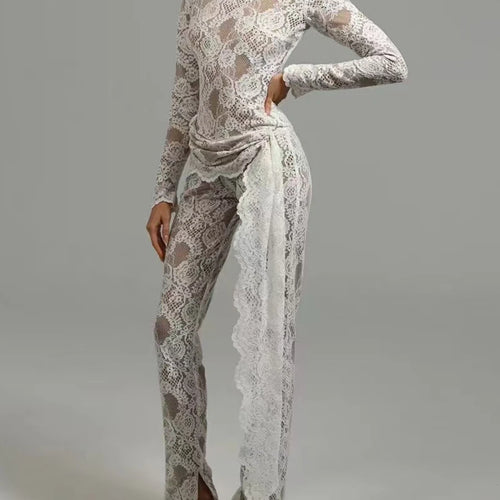 Load image into Gallery viewer, Solid Spliced Lace Up Lace Jumpsuits For Women O Neck Long Sleeve High Waist Temperament Jumposuit Female Fashion
