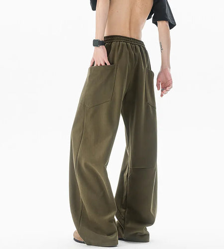 Summer Men's Sweatpants Straight Wide Leg Elastic Waist Style Fashion Solid Color Trousers Men Bottoms Pockets 9W1398