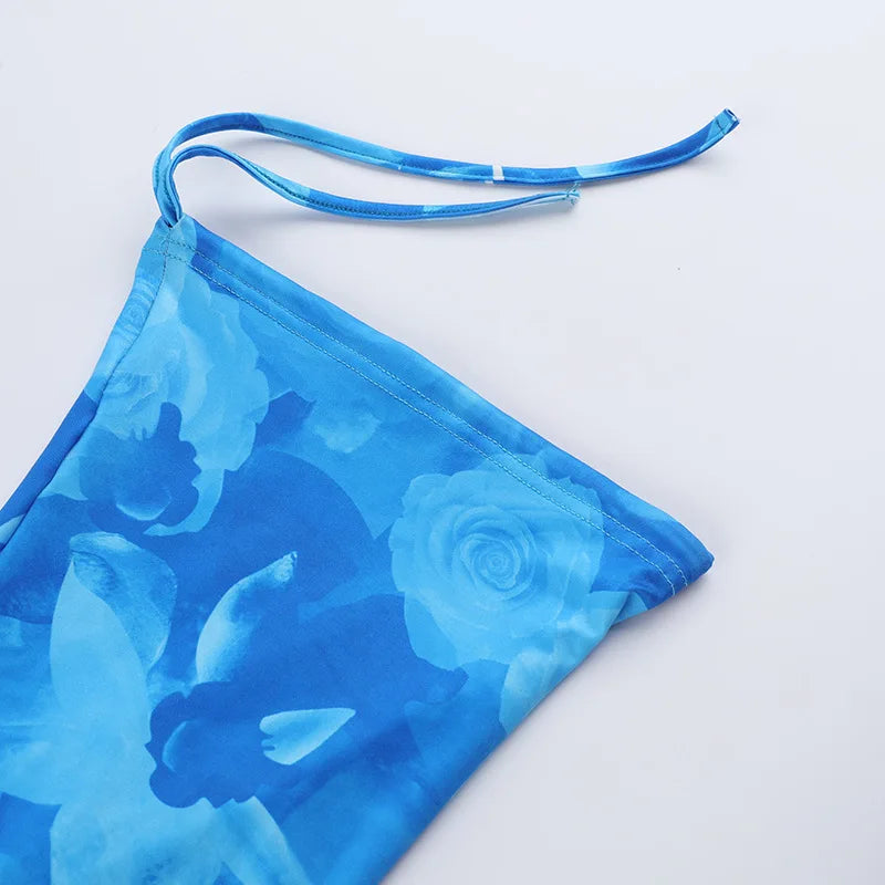 Blue Floral Print Sexy Maxi Dress For Women Gown Autumn New Square Collar Long Sleeve Lace-up Sexy Long Dress Elegant