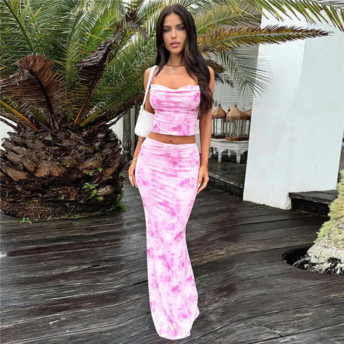 Load image into Gallery viewer, Strapless Print Sexy Two Piece Sets Women Spaghetti Strap Crop Tops And Maxi Skirt Female Elegant Printed 2 Piece Sets
