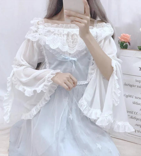 Japanese Lolita Ruffle Sleeve Blouse Women Harajuku Lace Patchwork JK Shirts Y2k Aesthetic Pleated Cropped Kawaii Tops Blusas