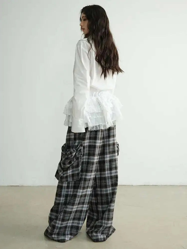 High Elastic Waist Gray Plaid Big Pocket Long Casual Pants New Trousers Women Fashion Tide Spring Autumn 2025 1DH8256