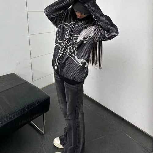 Load image into Gallery viewer, 2025 Vintage Star Jacquard Y2k Aesthetic Jacket Women Men Double Zipper Casual Jackets Oversized Harajuku Stand Neck Grunge Coat
