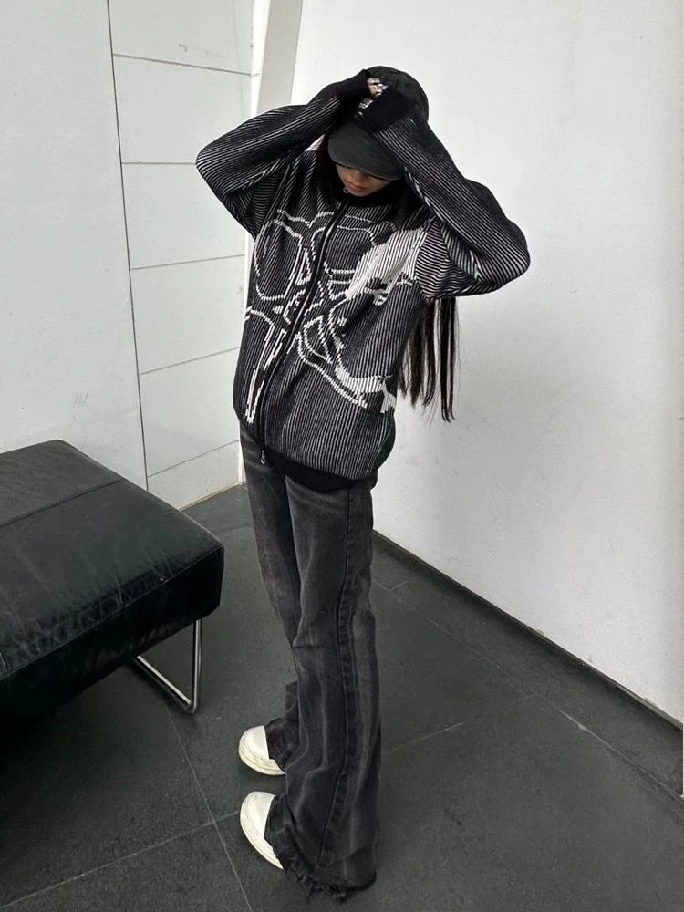 2025 Vintage Star Jacquard Y2k Aesthetic Jacket Women Men Double Zipper Casual Jackets Oversized Harajuku Stand Neck Grunge Coat