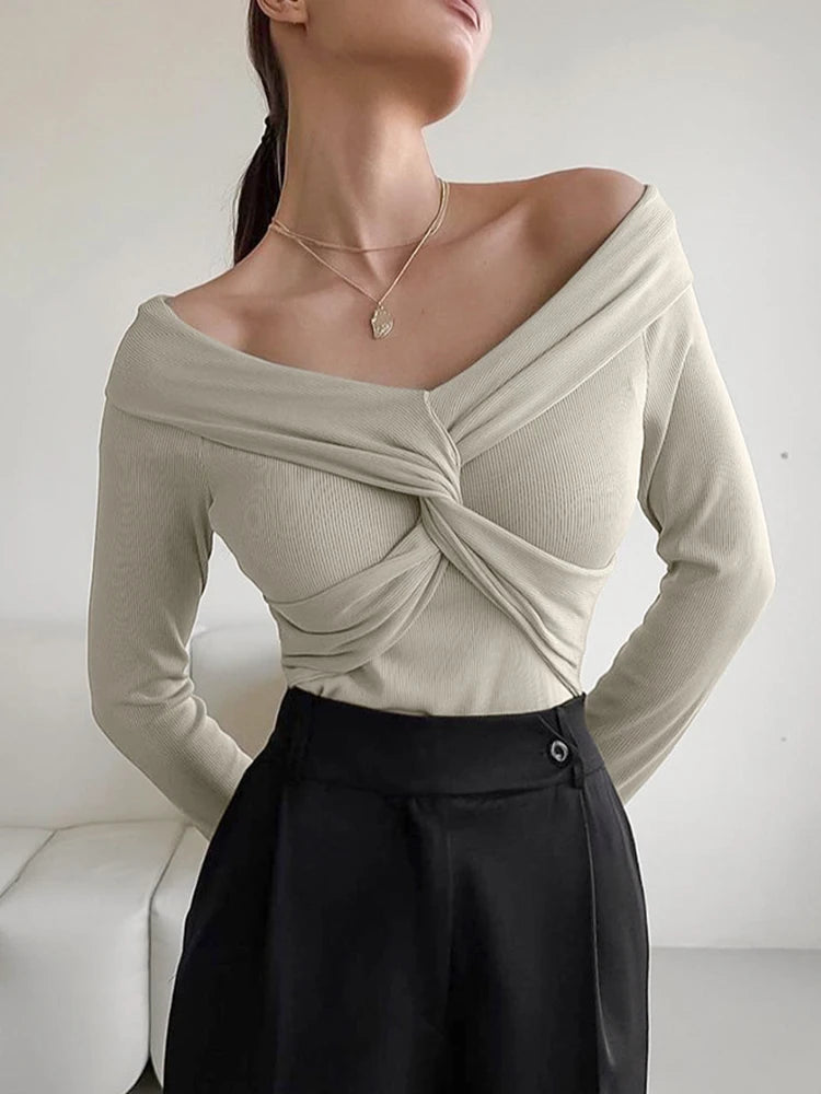 Solid Crisscross Kink Slimming T Shirts For Women V Neck Long Sleeve Minimalist Pullover T Shirt Female Fashion Clothes